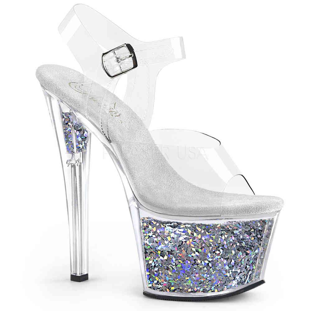 Pleaser - SKY308GF Sandale à bride à la cheville, Pole dance chaussures - Chaussures de pole dance - Couleur argent/Transparent Product image